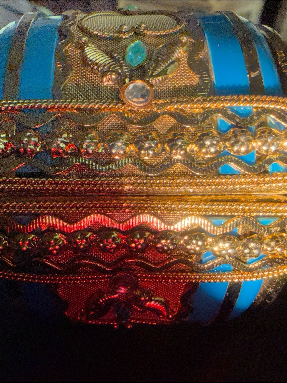 Embellished Blue and Gold Decorative Cuff Bracelet with hinge closure